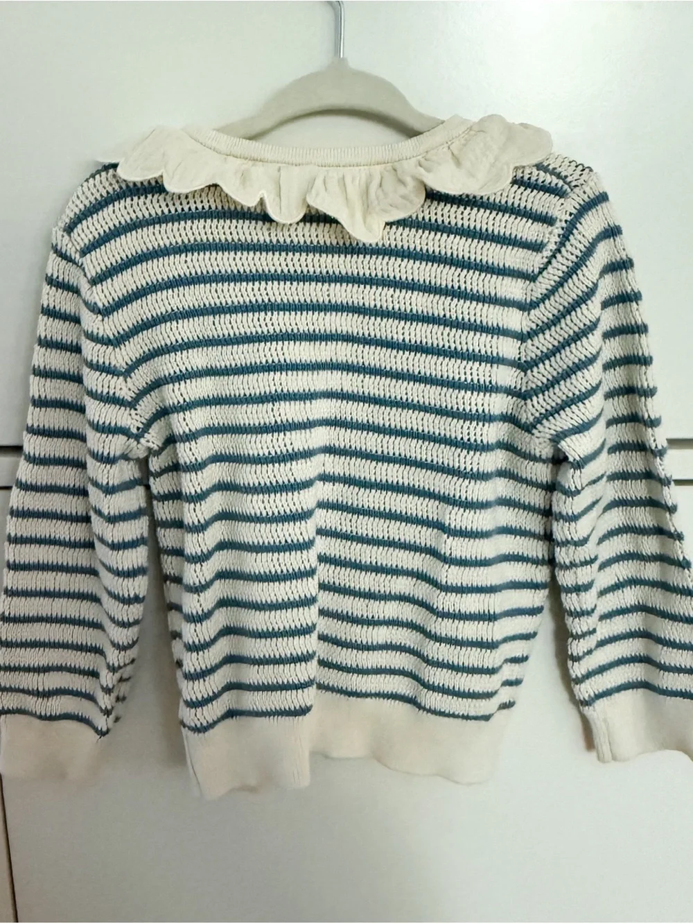 Cream and Blue Striped Ruffle Collar Knit Cardigan + Bloomers Matching Set 24M